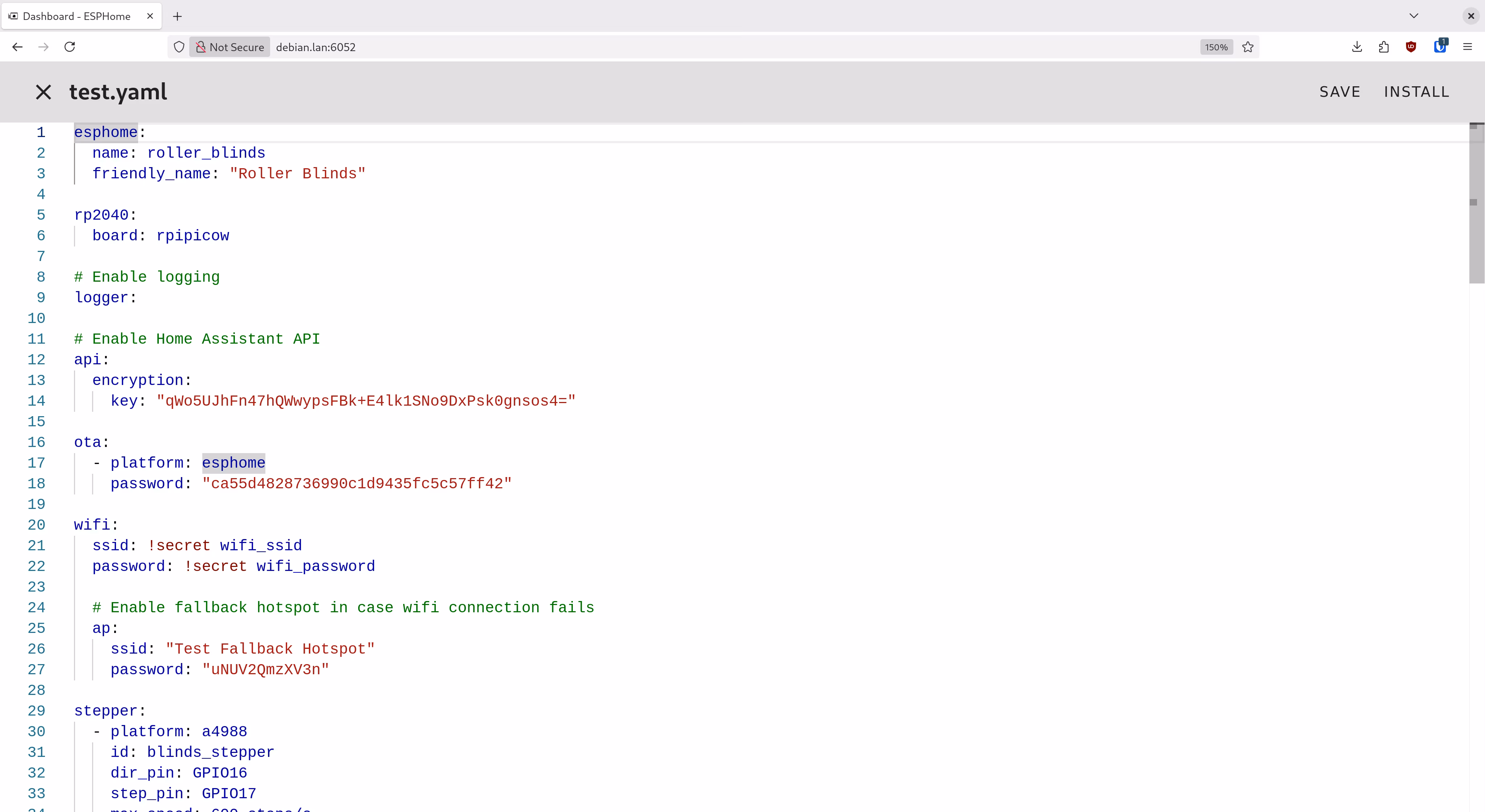 ESPhome online configuration editor showing the start of the blinds configuration.