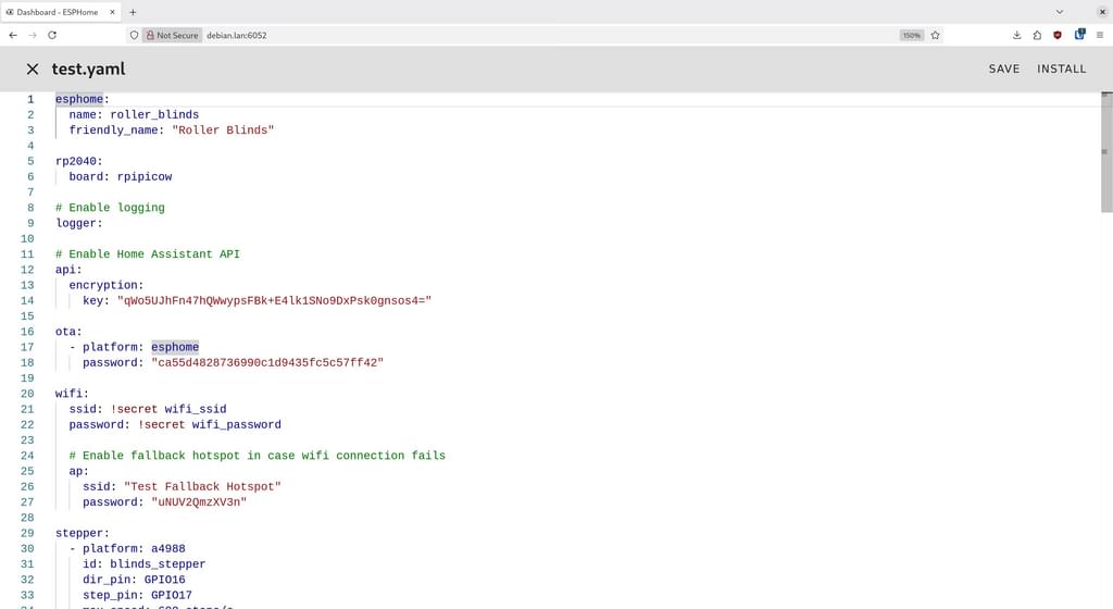 ESPhome online configuration editor showing the start of the blinds configuration.