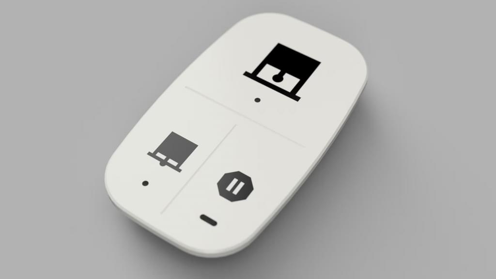 A render of the custom button faceplate with options for opening blinds at the top, closing on the bottom left and stopping on the bottom right.